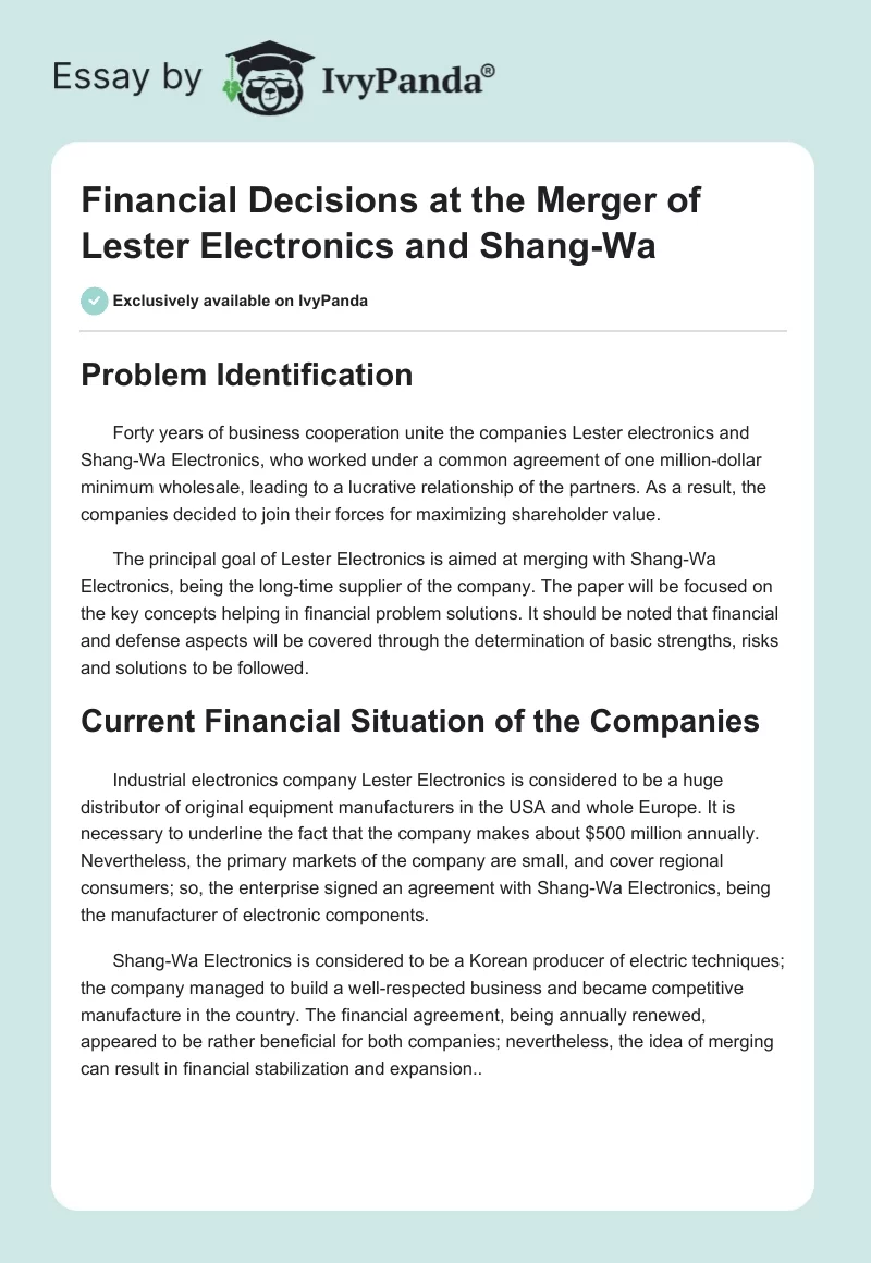 Financial Decisions at the Merger of Lester Electronics and Shang-Wa. Page 1