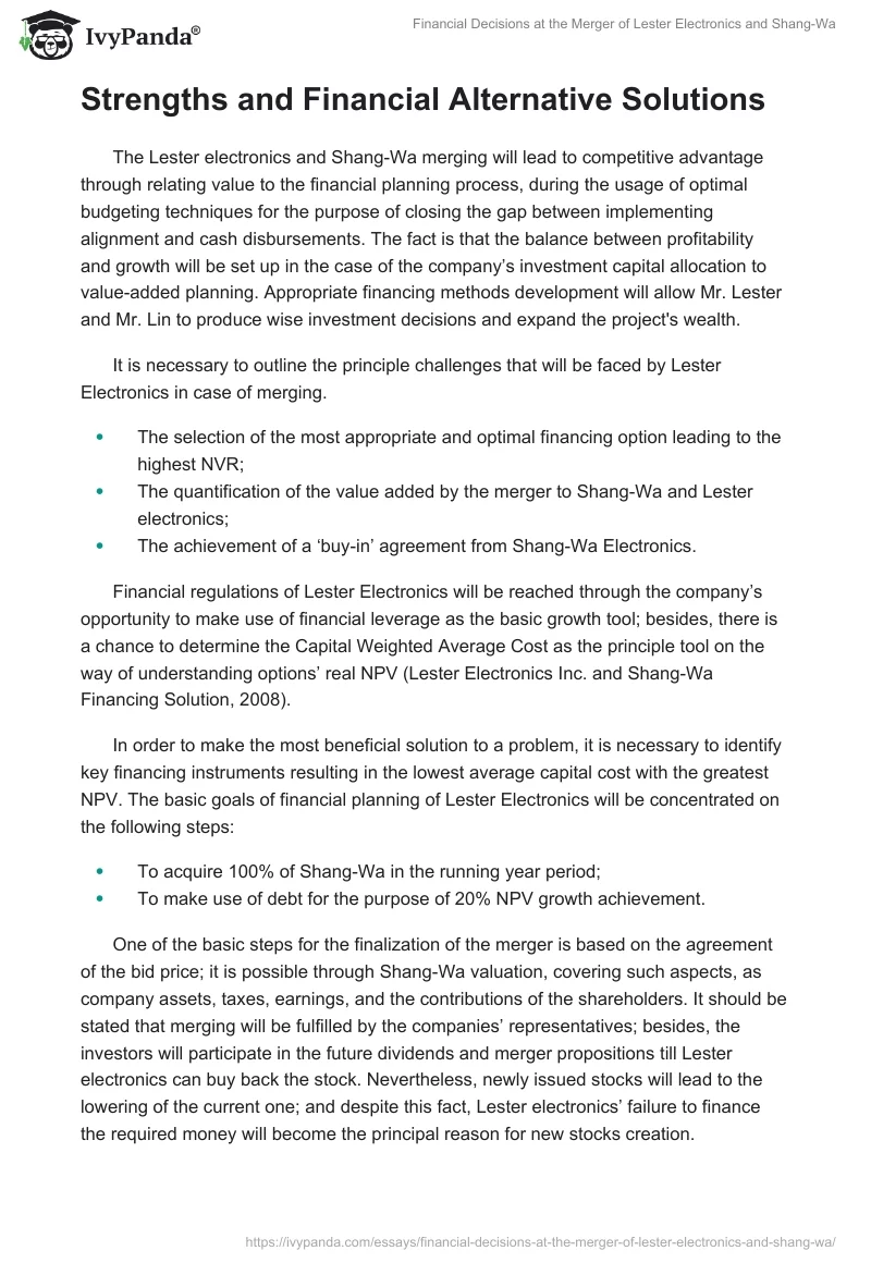 Financial Decisions at the Merger of Lester Electronics and Shang-Wa. Page 2