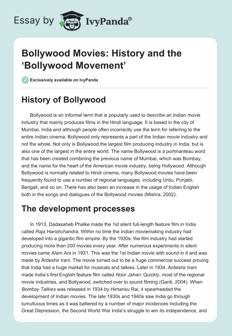Bollywood Movies: History and the ‘Bollywood Movement’. Page 1