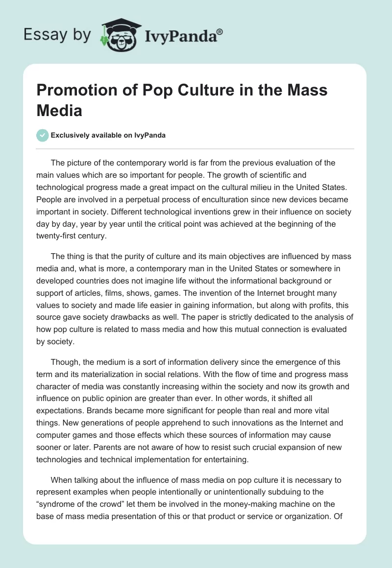 Promotion of Pop Culture in the Mass Media. Page 1