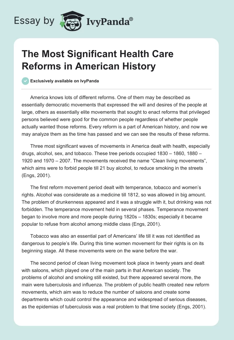 The Most Significant Health Care Reforms in American History. Page 1