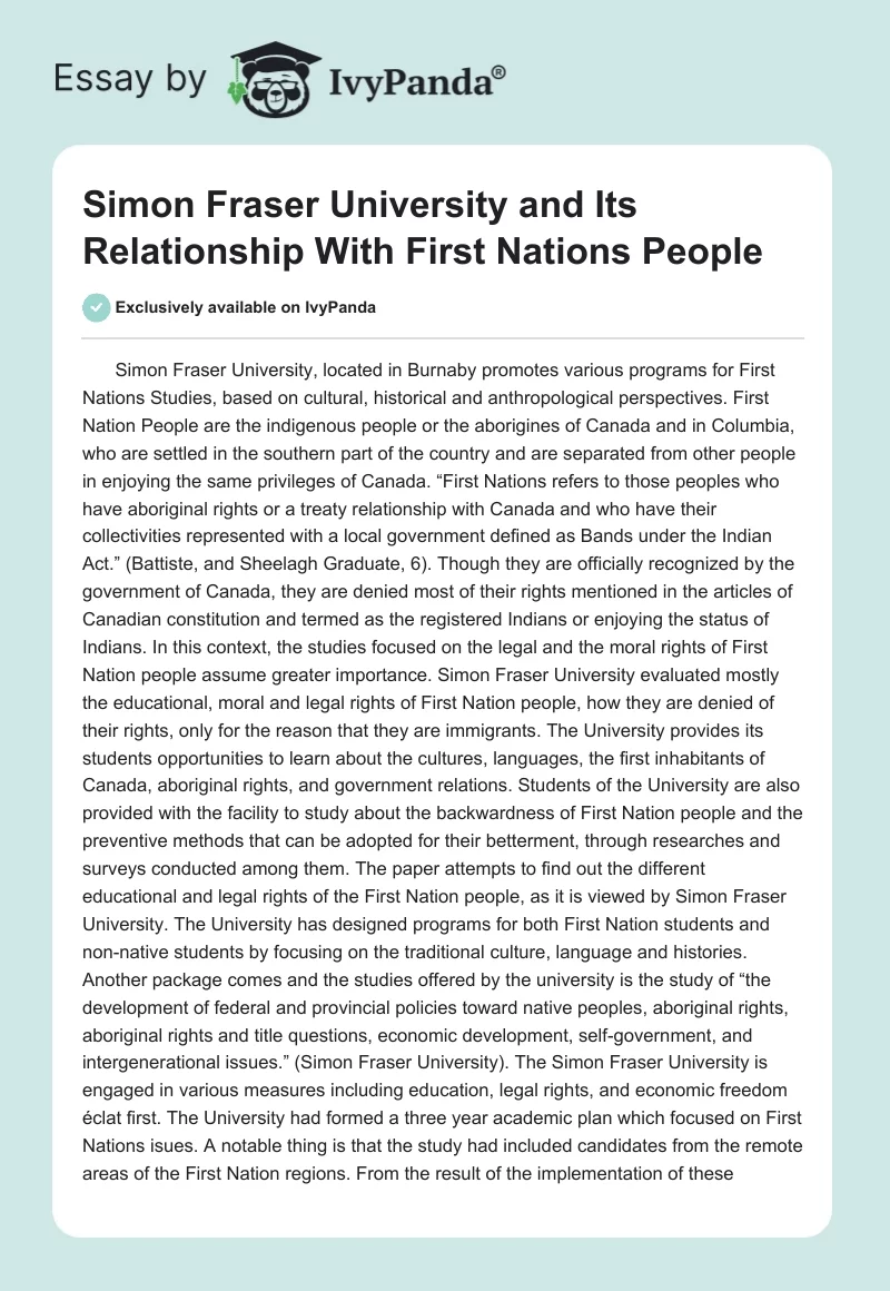 Simon Fraser University and Its Relationship With First Nations People. Page 1