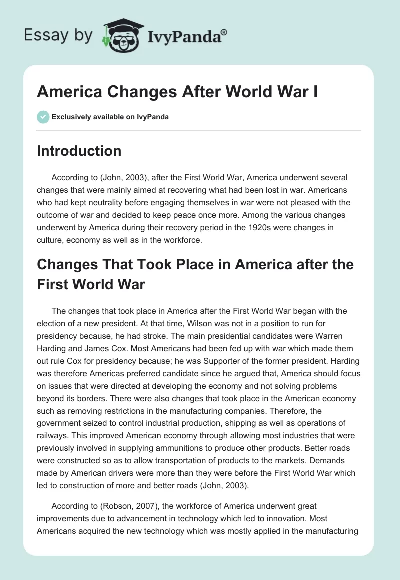 America Changes After World War I. Page 1