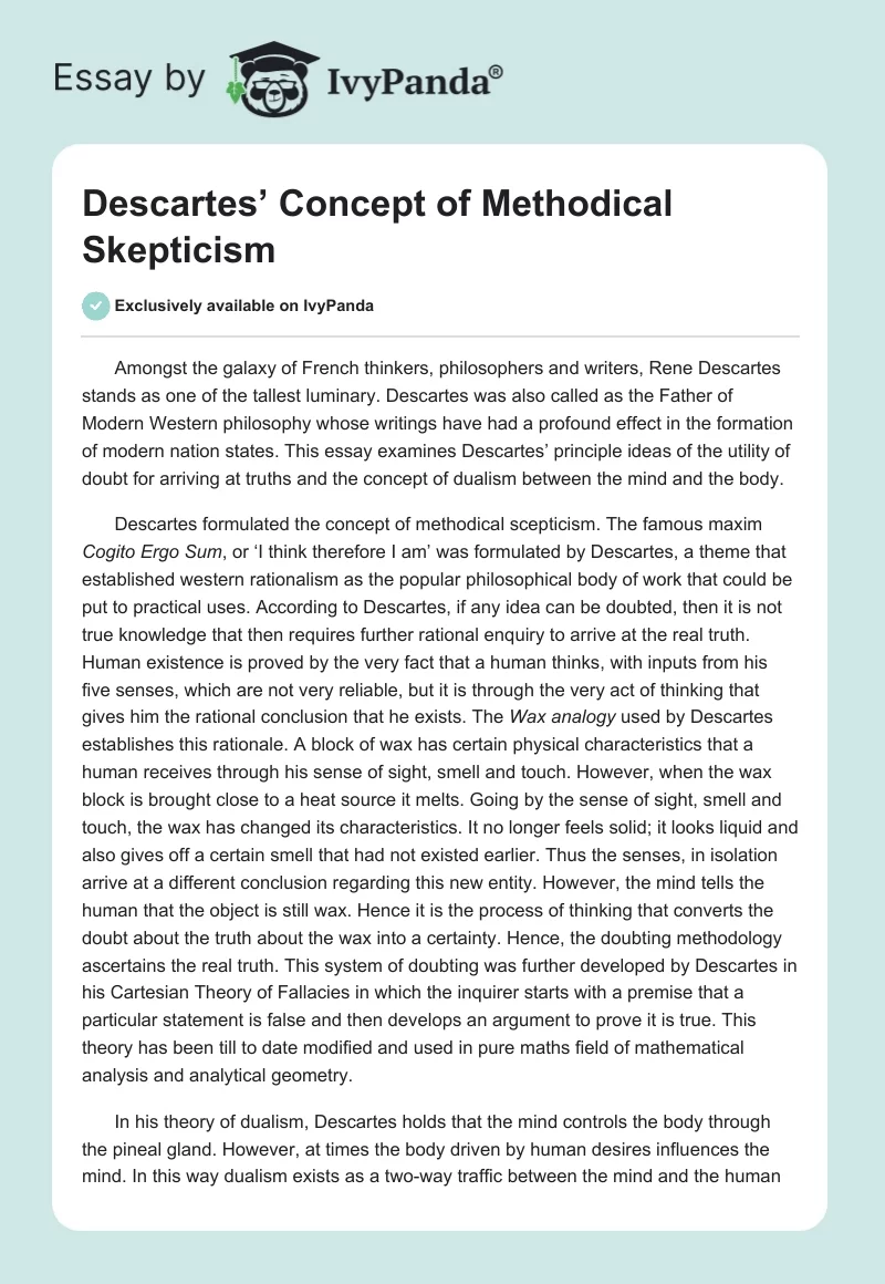 Descartes’ Concept of Methodical Skepticism. Page 1