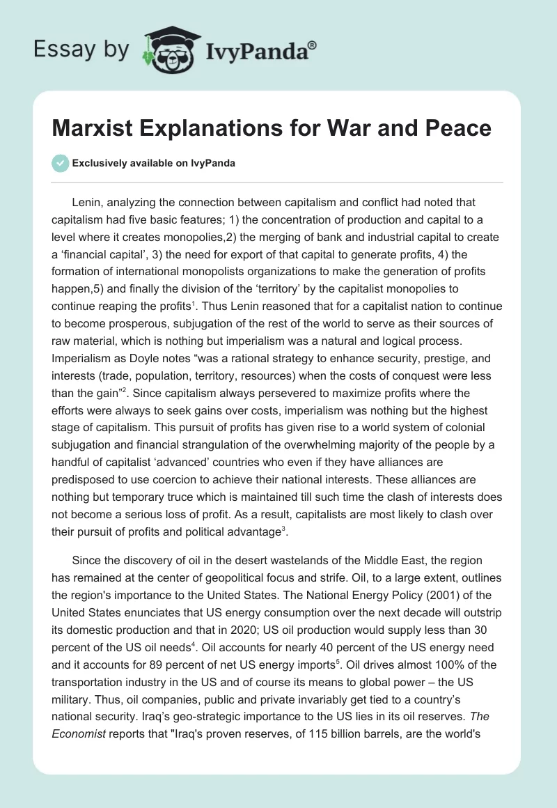 Marxist Explanations for War and Peace. Page 1