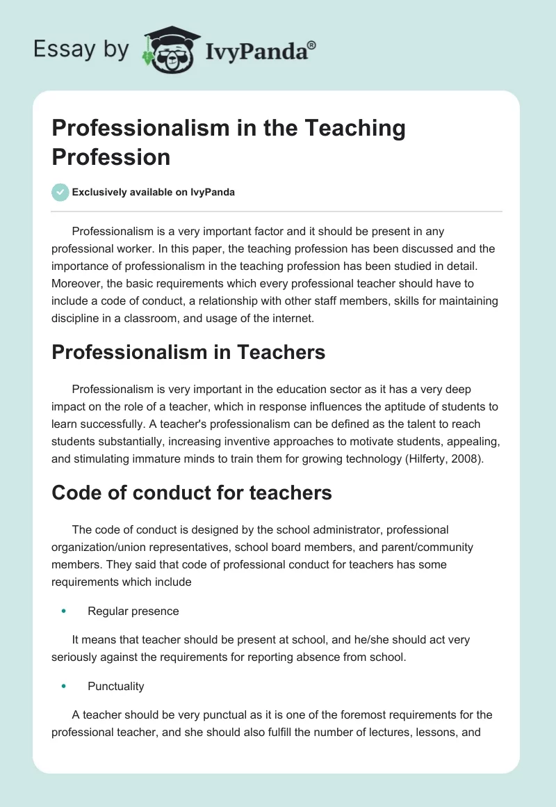 Professionalism in the Teaching Profession. Page 1