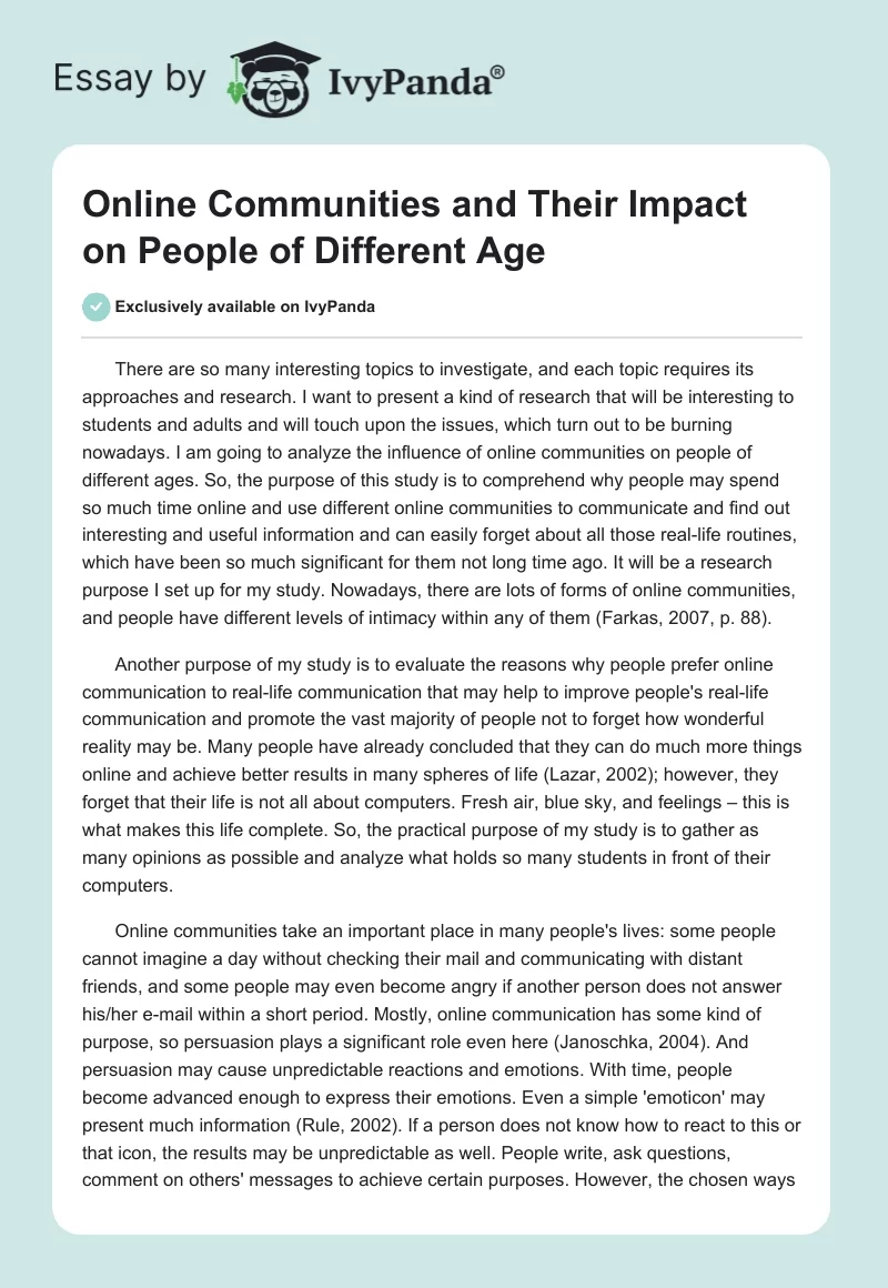 Online Communities and Their Impact on People of Different Age. Page 1