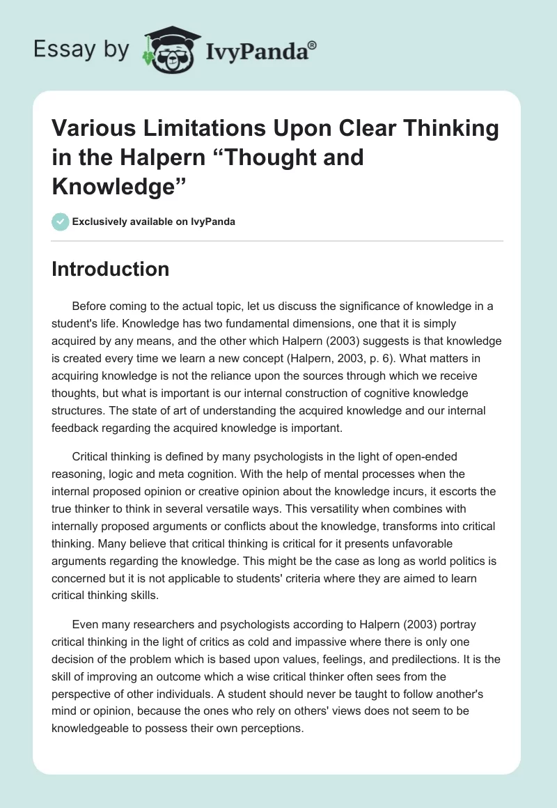 Various Limitations Upon Clear Thinking in the Halpern “Thought and Knowledge”. Page 1