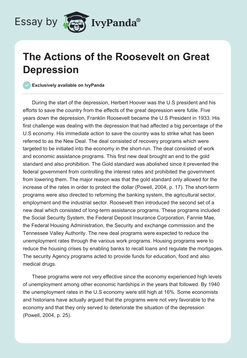 The Actions of the Roosevelt on Great Depression. Page 1