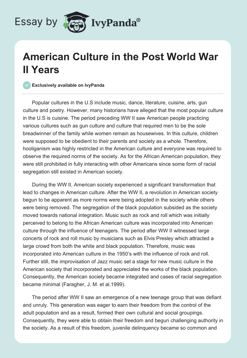 American Culture in the Post World War II Years. Page 1