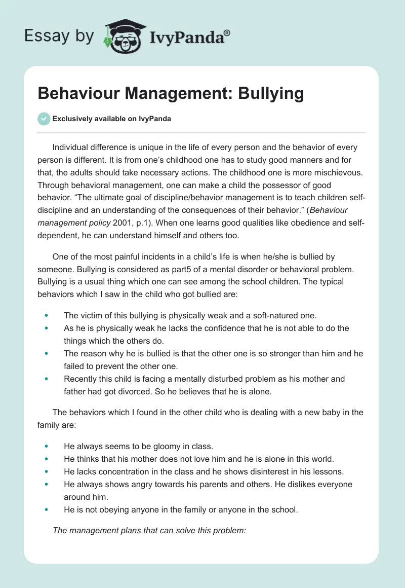 Behaviour Management: Bullying. Page 1