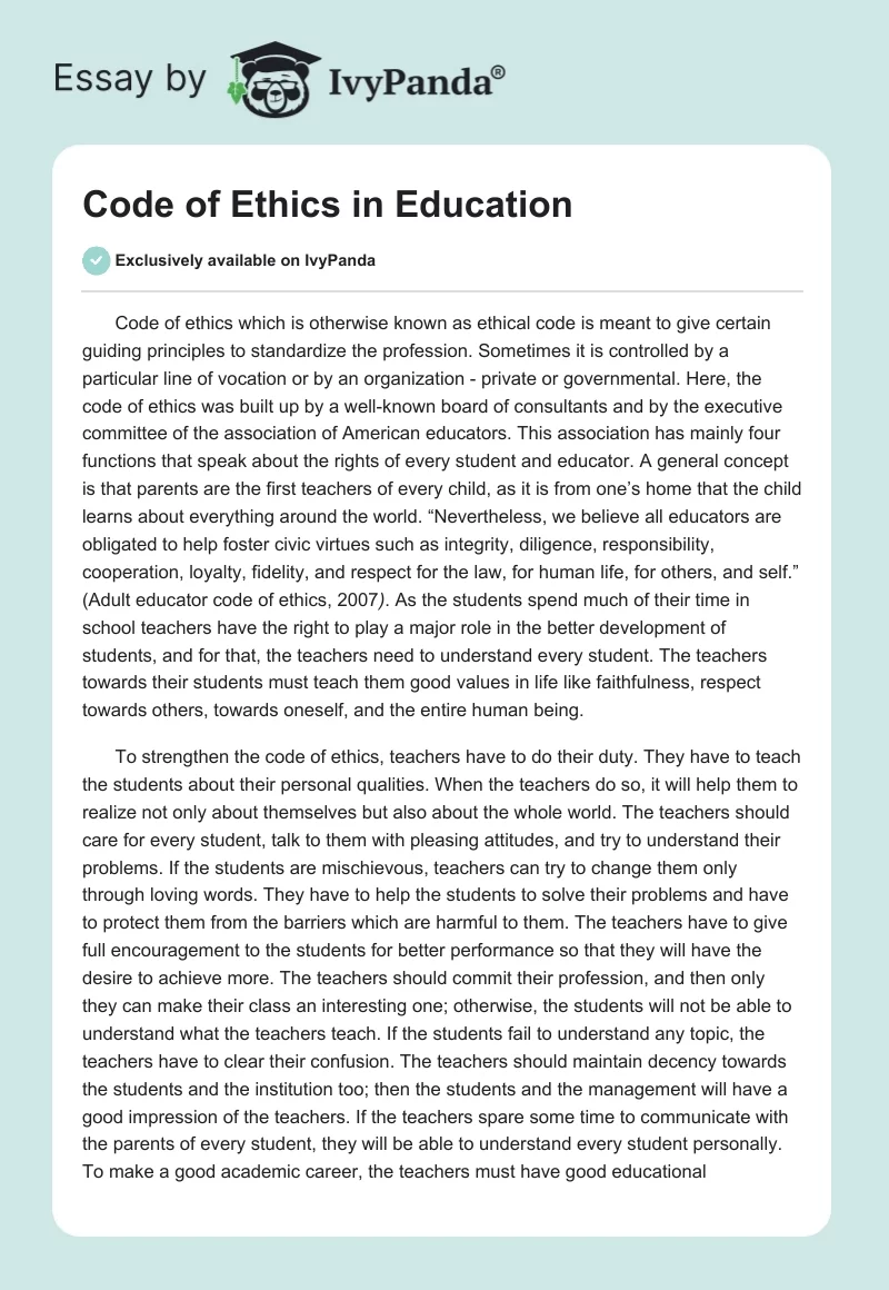 Code of Ethics in Education. Page 1