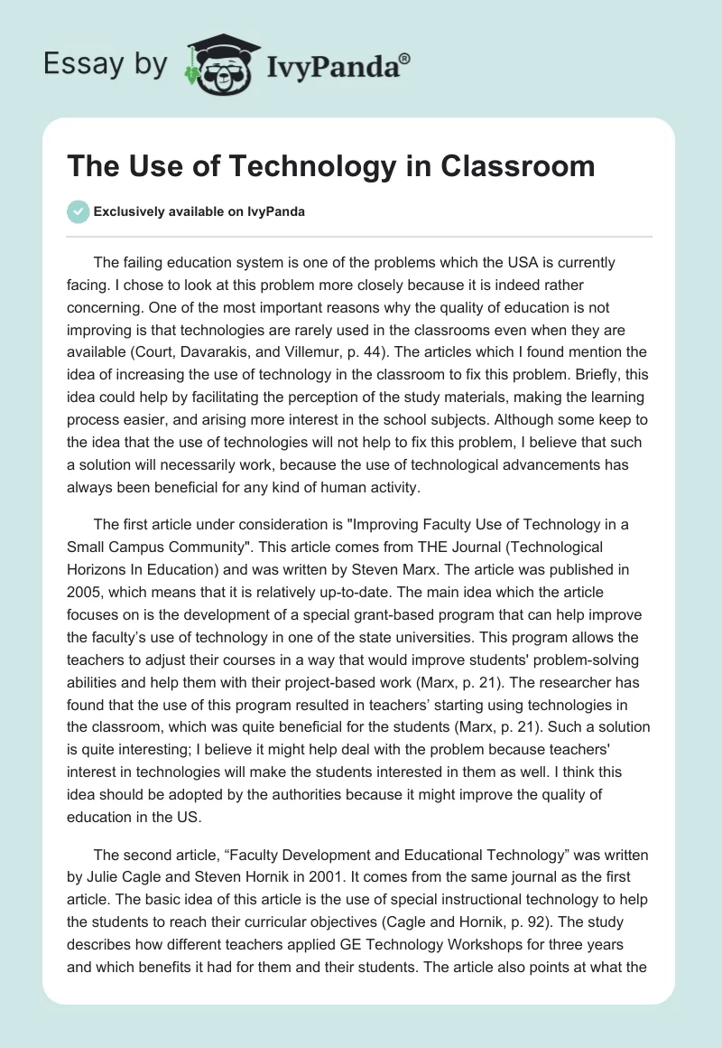 The Use of Technology in Classroom. Page 1