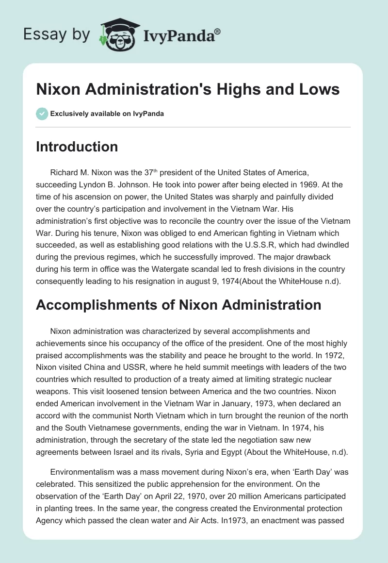 Nixon Administration's Highs and Lows. Page 1