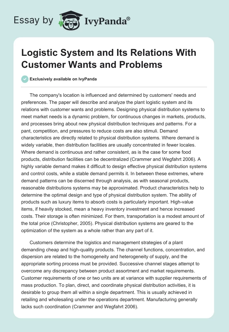 Logistic System and Its Relations With Customer Wants and Problems. Page 1