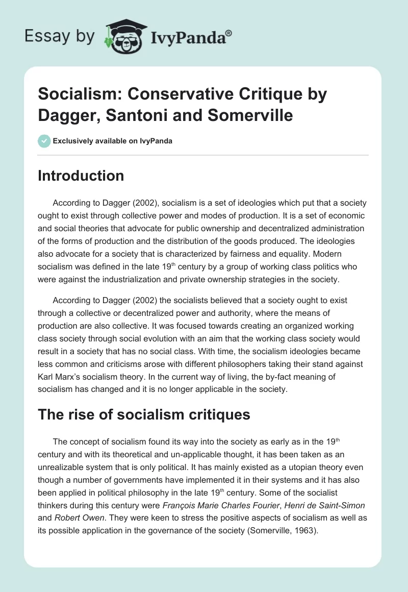 Socialism: Conservative Critique by Dagger, Santoni and Somerville. Page 1