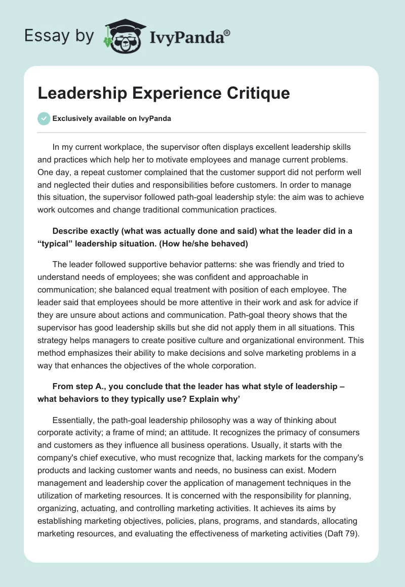 Leadership Experience Critique. Page 1