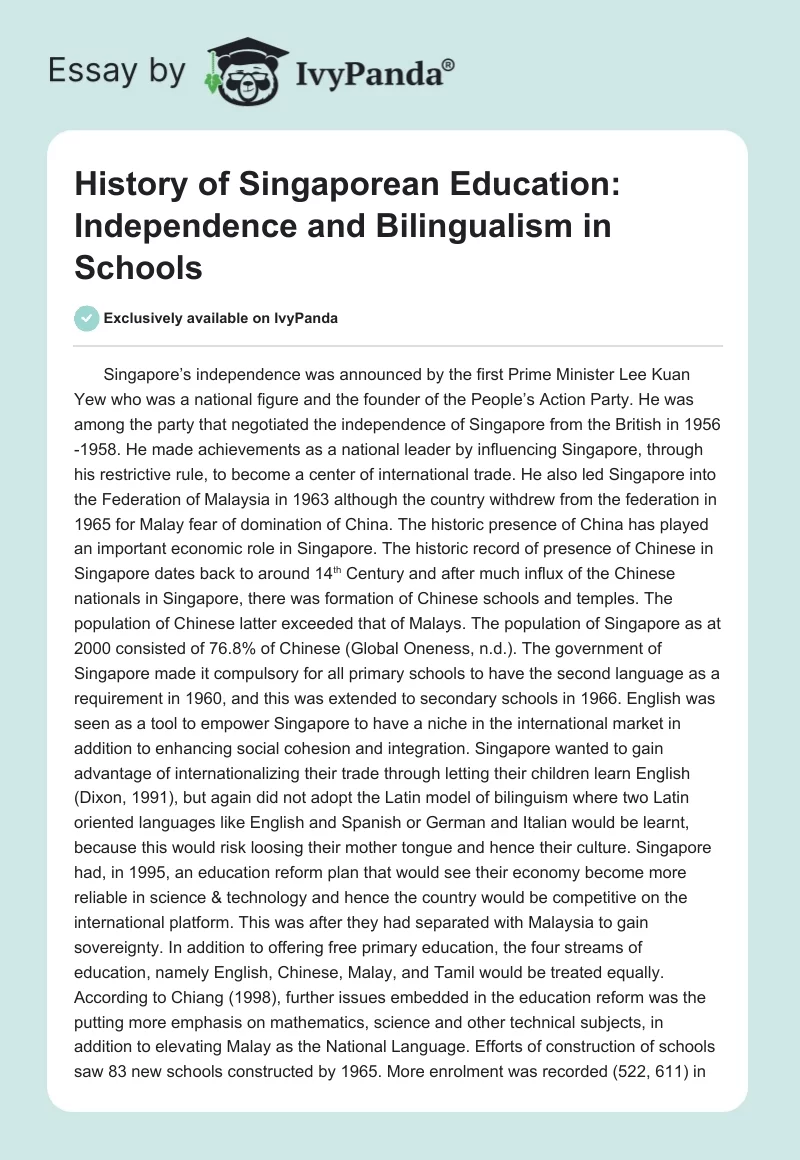 History of Singaporean Education: Independence and Bilingualism in Schools. Page 1
