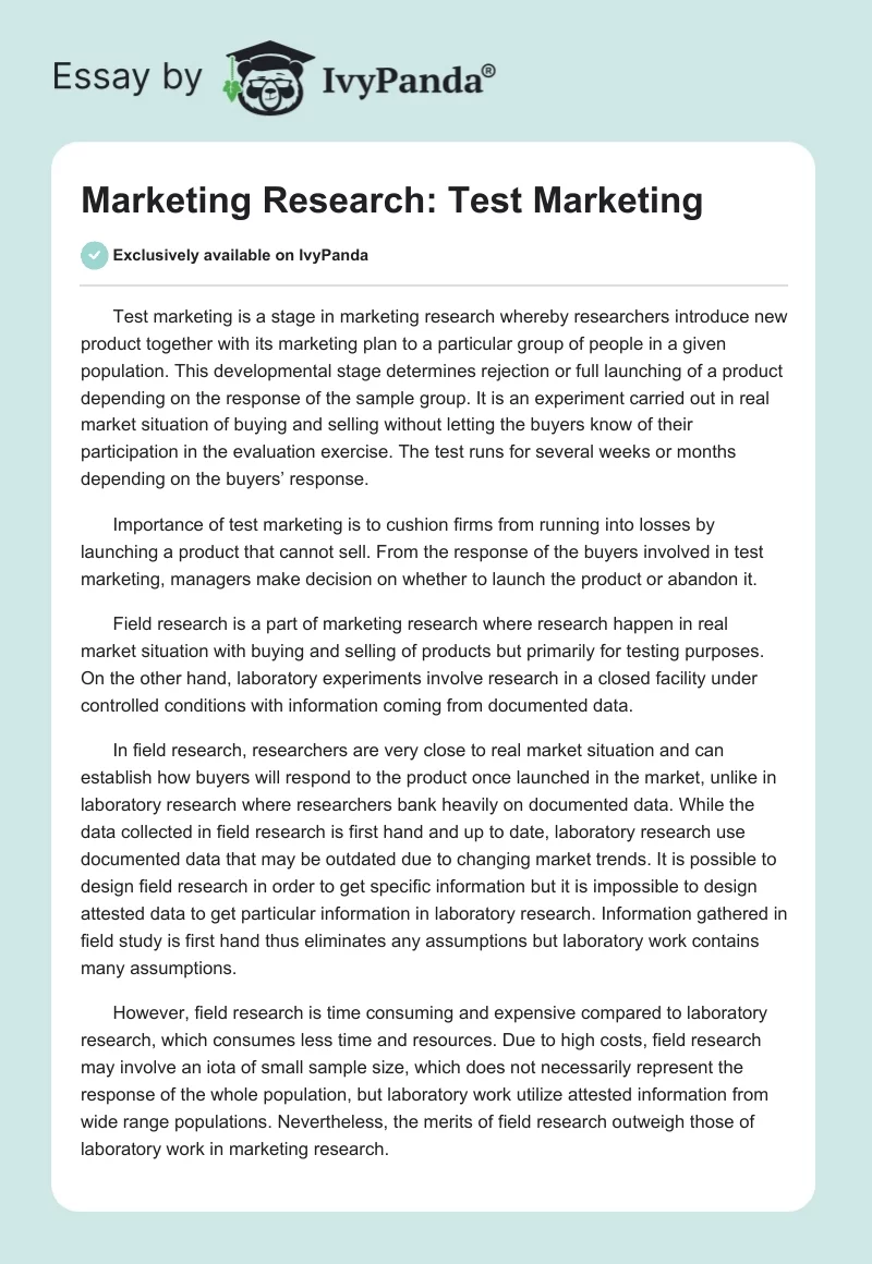 Marketing Research: Test Marketing. Page 1