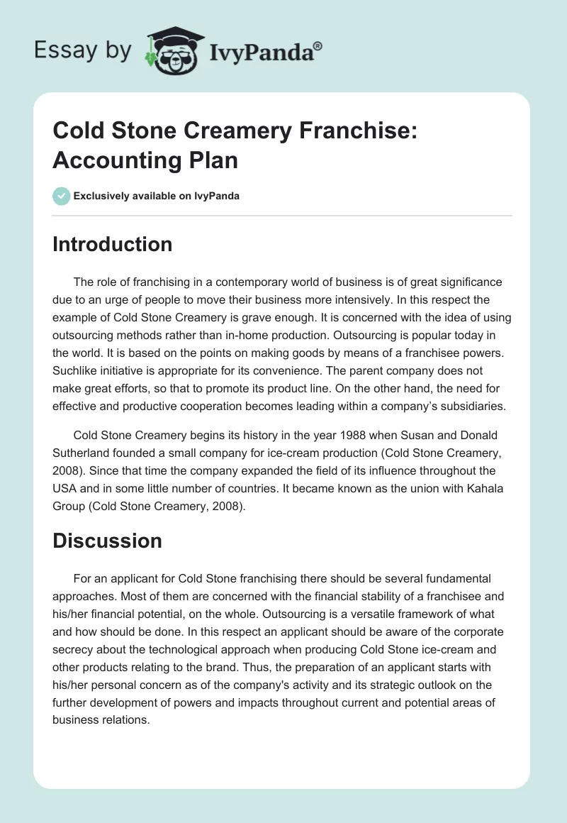 Cold Stone Creamery Franchise: Accounting Plan. Page 1
