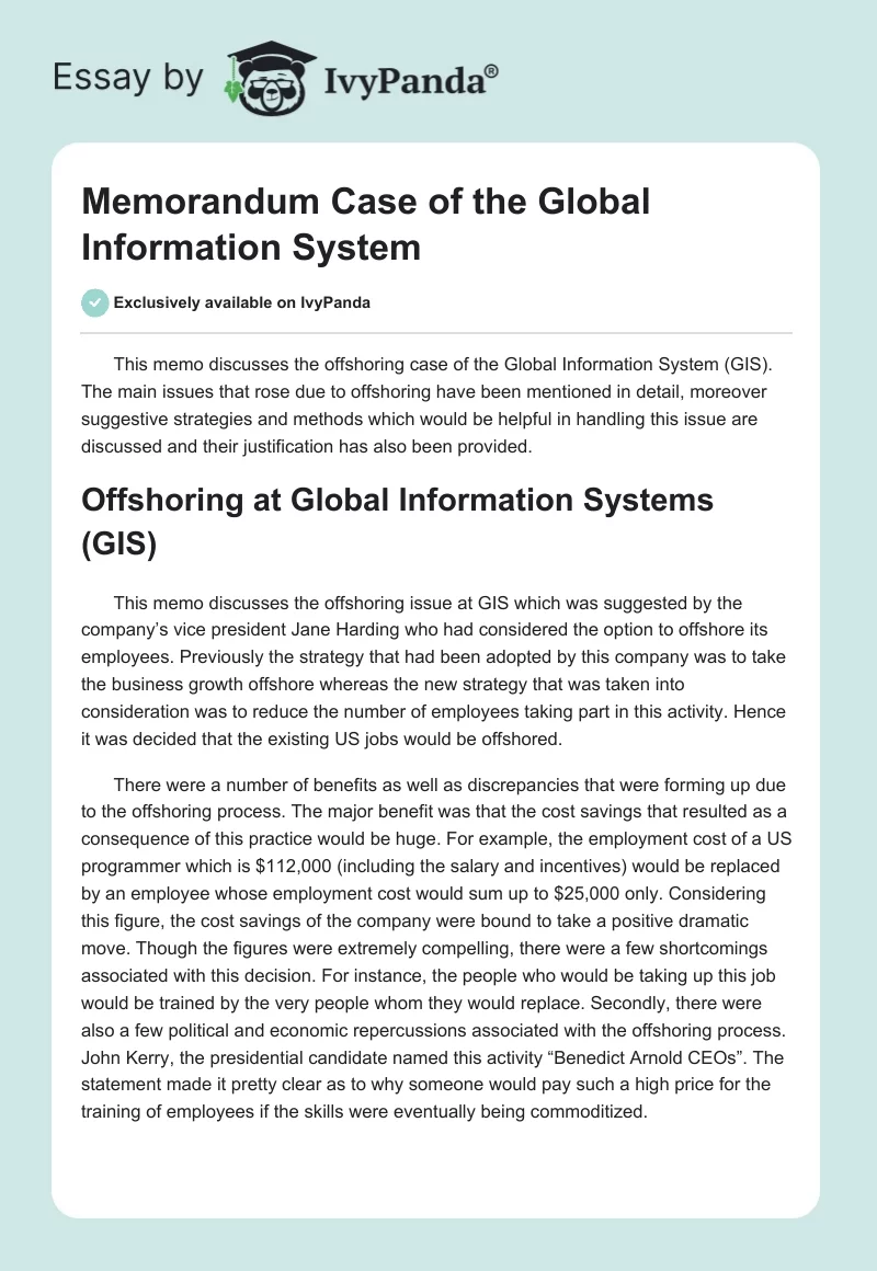 Memorandum Case of the Global Information System. Page 1
