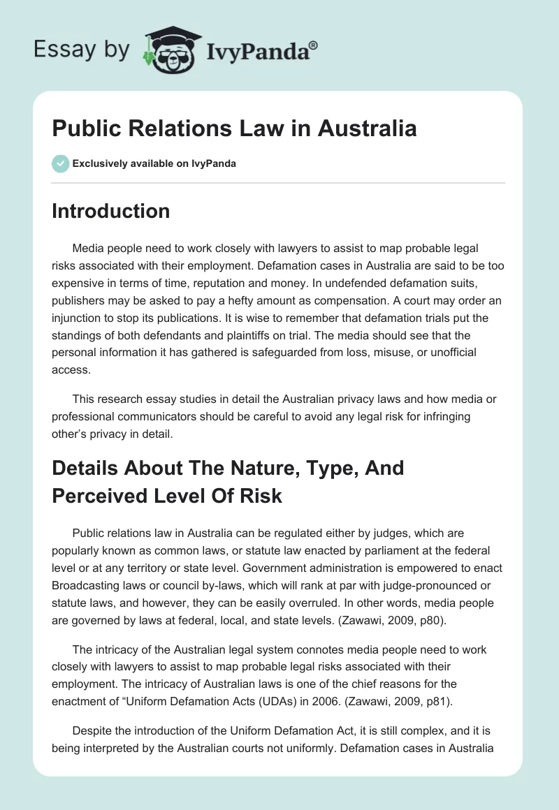 Public Relations Law in Australia. Page 1