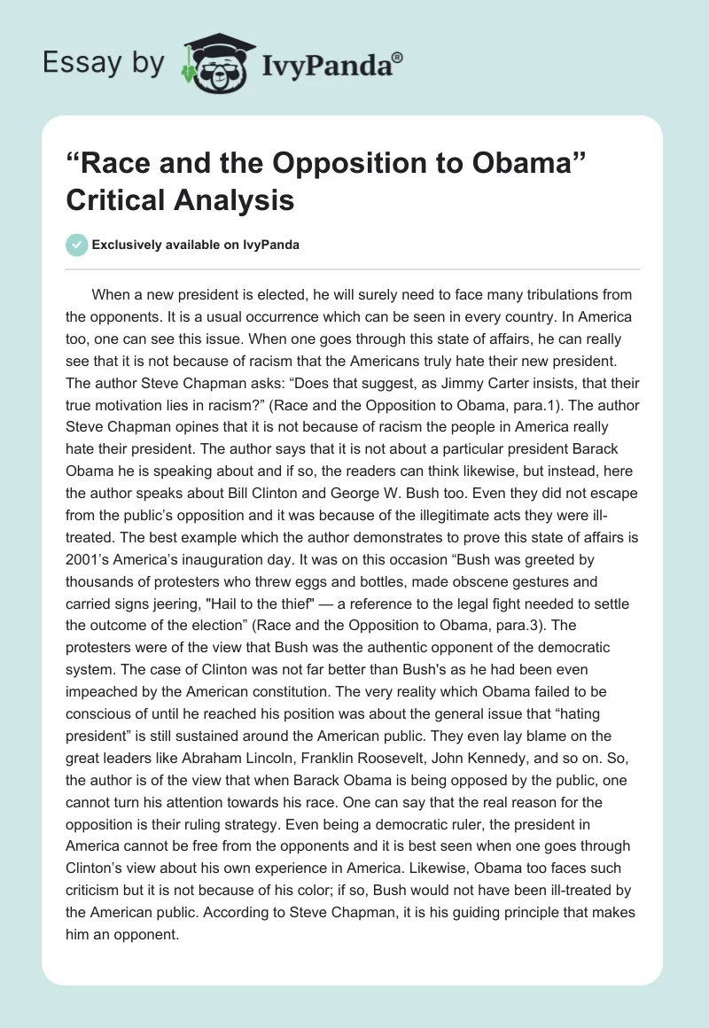 “Race and the Opposition to Obama” Critical Analysis. Page 1