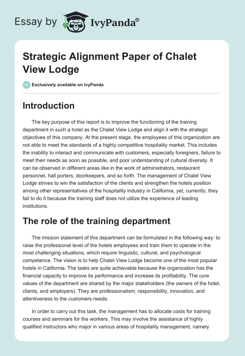 Strategic Alignment Paper of Chalet View Lodge - 608 Words | Report Example
