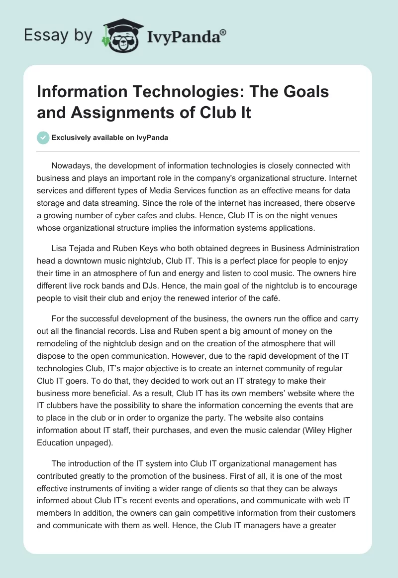 Information Technologies: The Goals and Assignments of Club It. Page 1