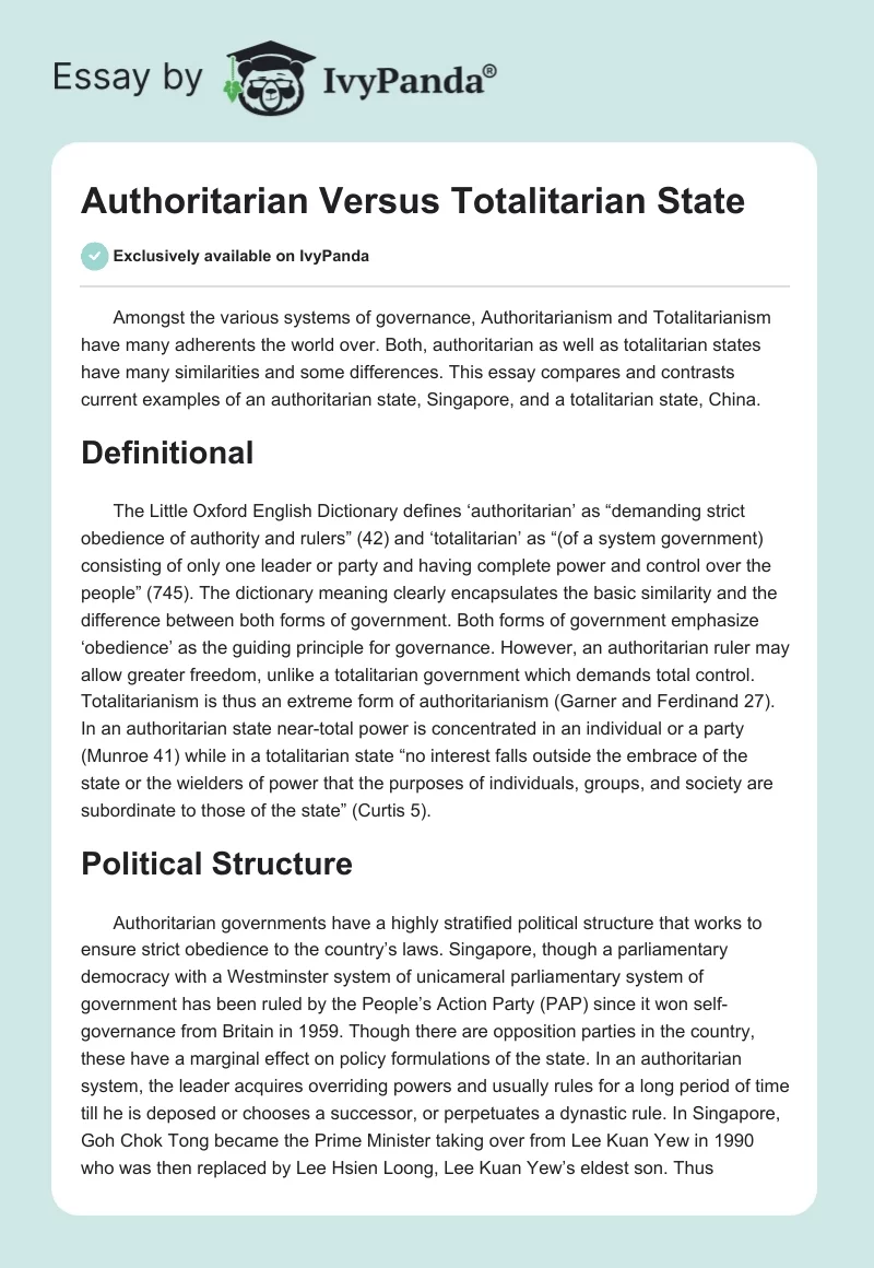 Authoritarian Versus Totalitarian State. Page 1