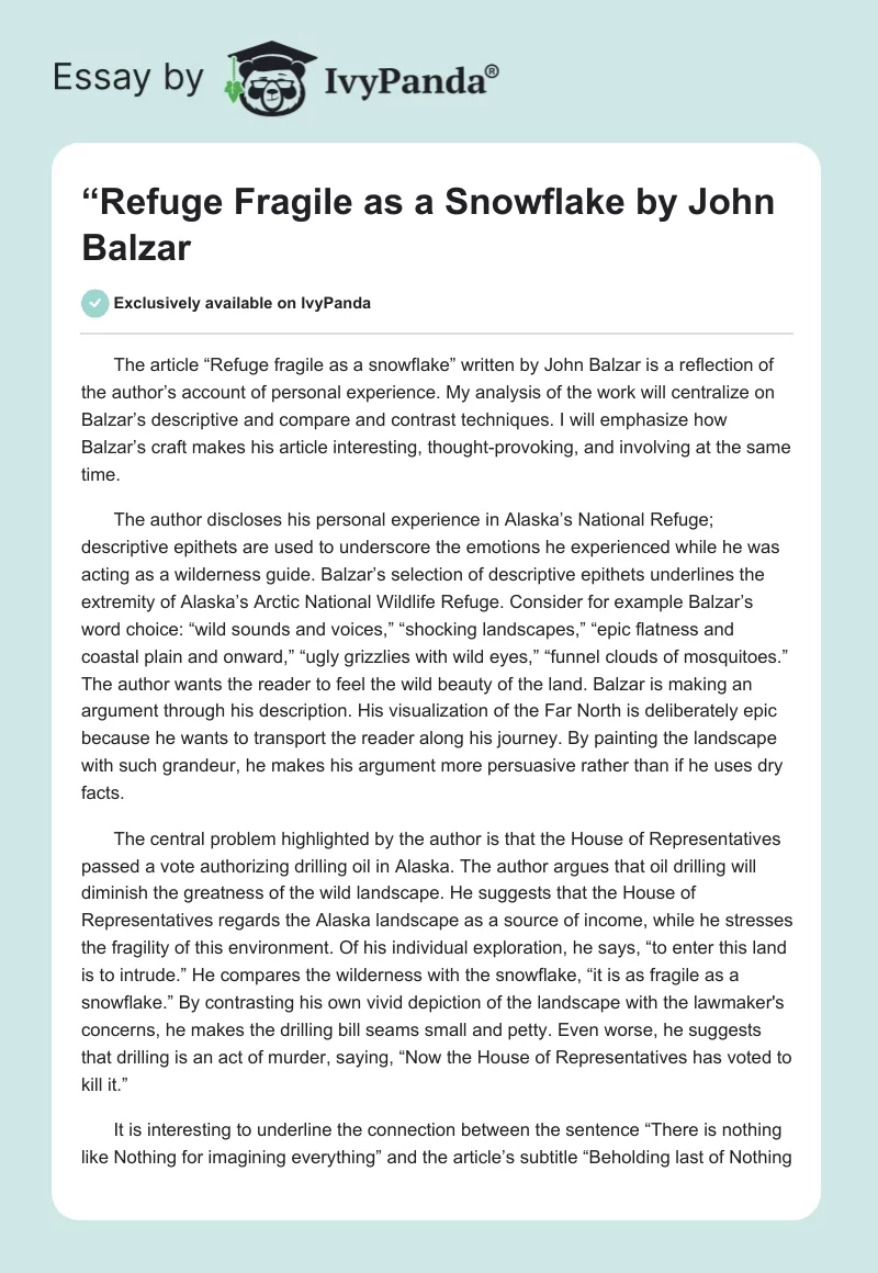 “Refuge Fragile as a Snowflake by John Balzar. Page 1