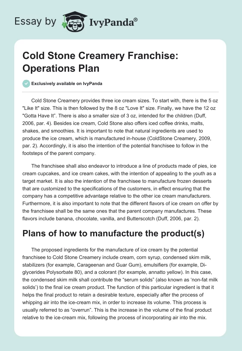 Cold Stone Creamery Franchise: Operations Plan. Page 1