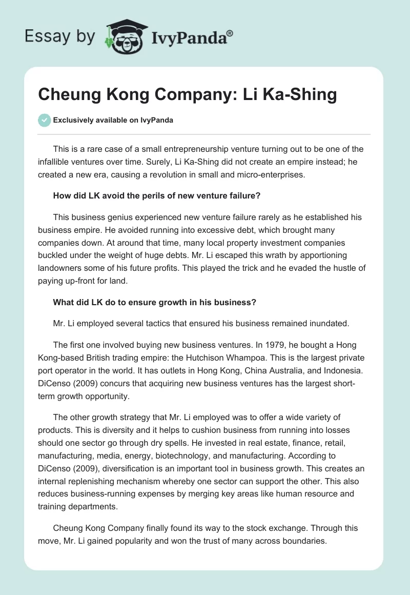 Cheung Kong Company: Li Ka-Shing. Page 1
