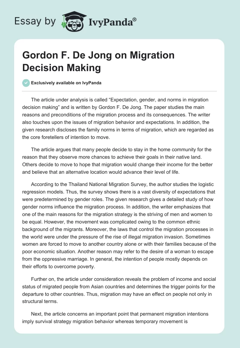 Gordon F. De Jong on Migration Decision Making. Page 1
