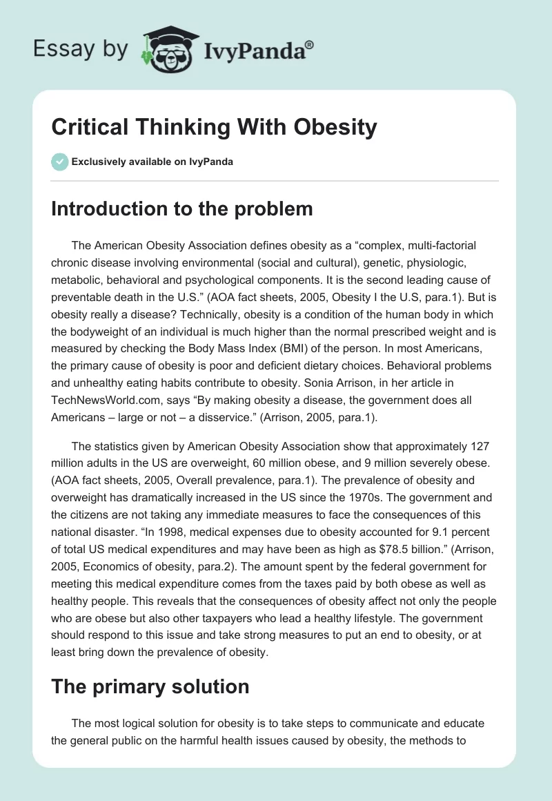 Critical Thinking With Obesity. Page 1