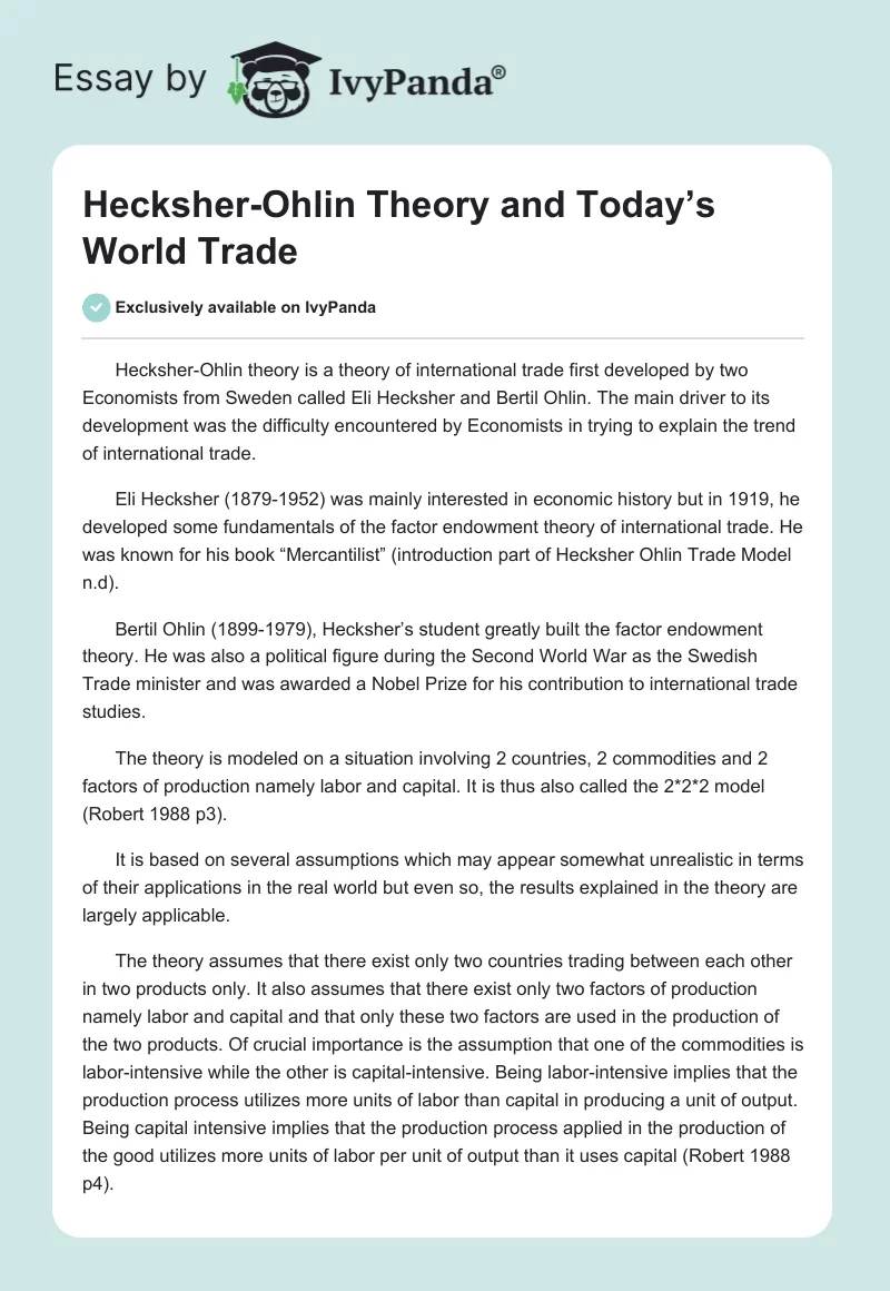 Hecksher-Ohlin Theory and Today’s World Trade. Page 1
