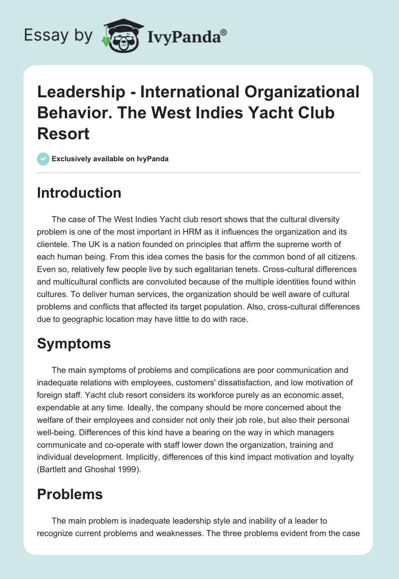 Leadership - International Organizational Behavior. The West Indies Yacht Club Resort. Page 1
