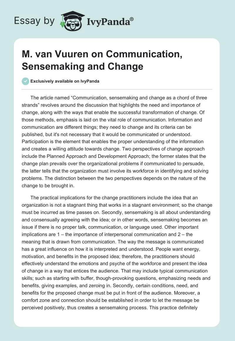 M. van Vuuren on Communication, Sensemaking and Change. Page 1