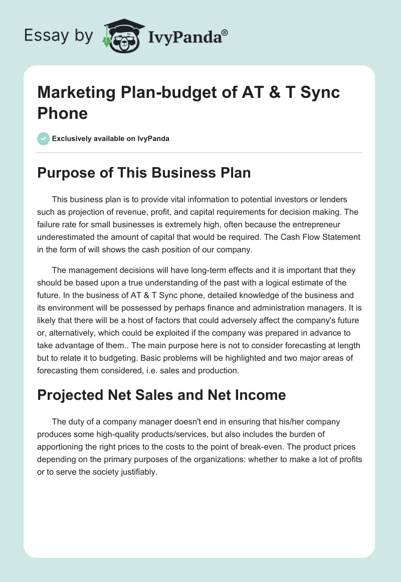 Marketing Plan-Budget of AT&T Sync Phone. Page 1