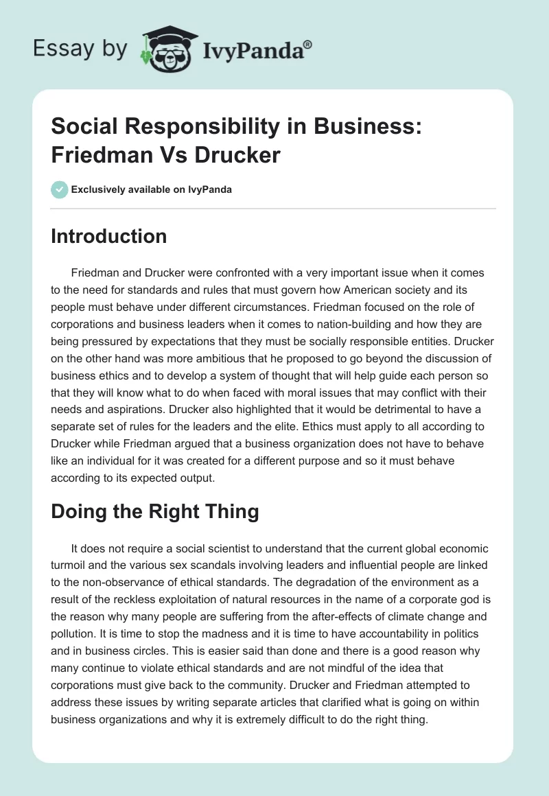 Social Responsibility in Business: Friedman Vs Drucker. Page 1