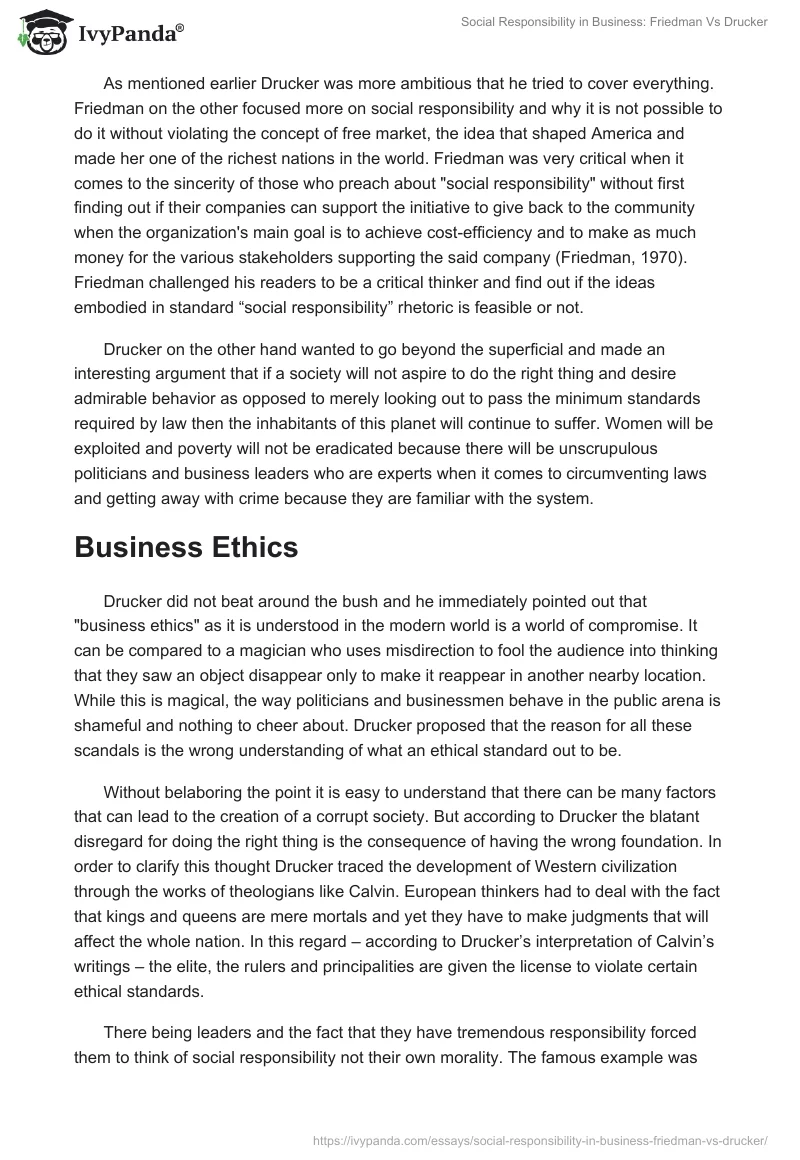 Social Responsibility in Business: Friedman Vs Drucker. Page 2