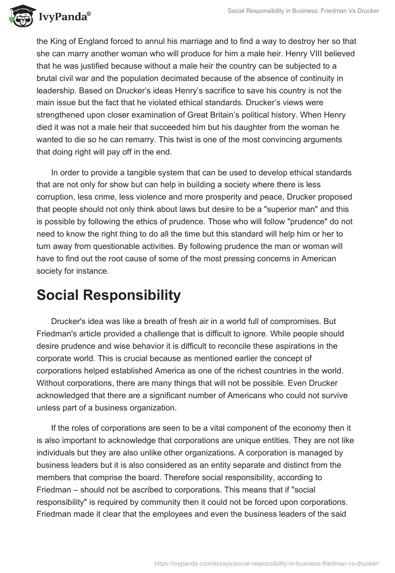 Social Responsibility in Business: Friedman Vs Drucker. Page 3