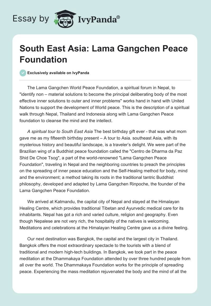 South East Asia: Lama Gangchen Peace Foundation. Page 1