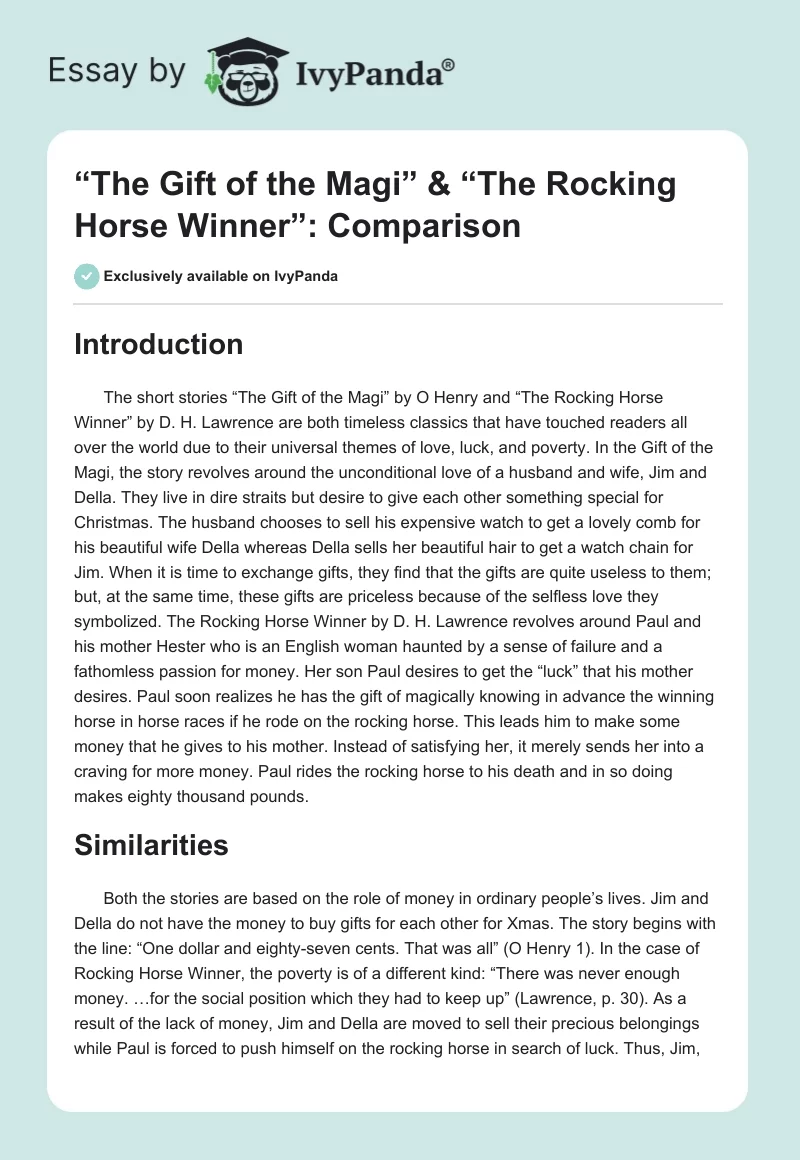 “The Gift of the Magi” & “The Rocking Horse Winner”: Comparison. Page 1