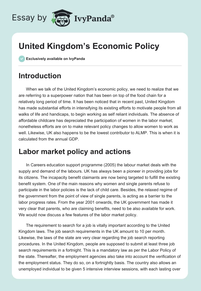 United Kingdom’s Economic Policy. Page 1