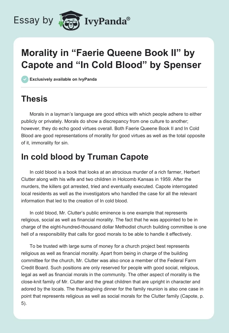 Morality in “Faerie Queene Book II” by Capote and “In Cold Blood” by Spenser. Page 1