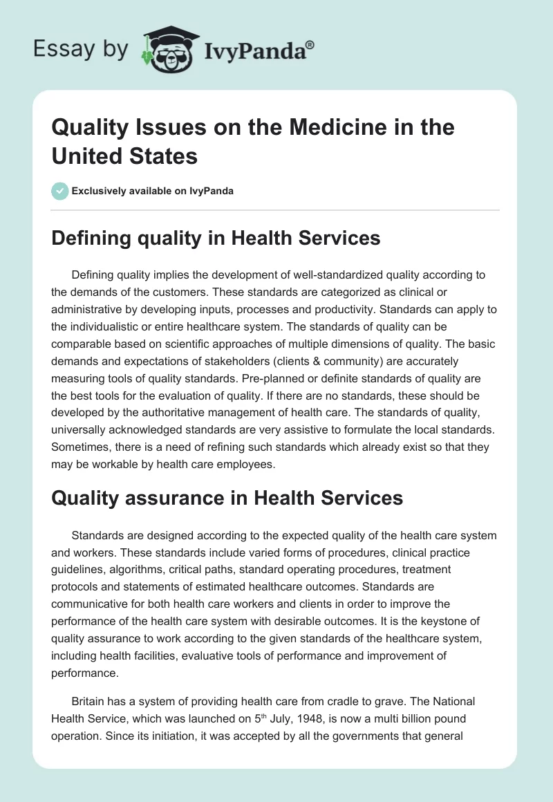 Quality Issues on the Medicine in the United States. Page 1