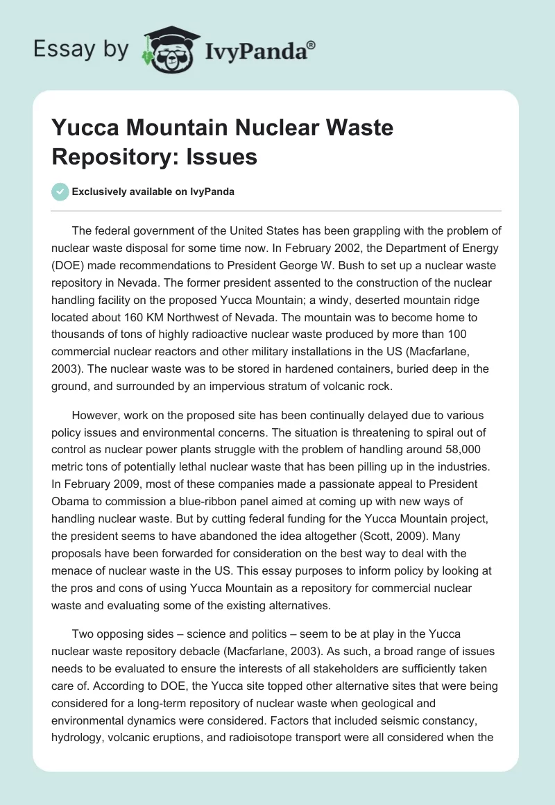 Yucca Mountain Nuclear Waste Repository: Issues. Page 1
