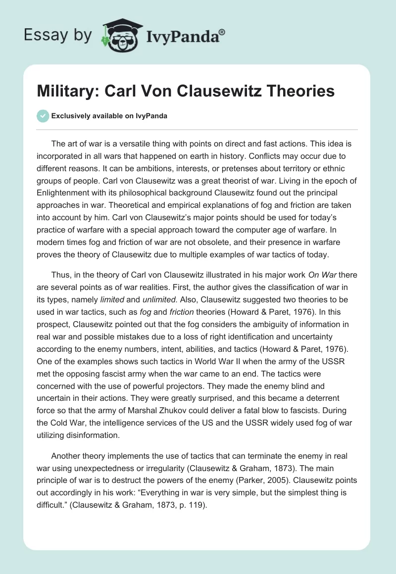 Military: Carl Von Clausewitz Theories. Page 1