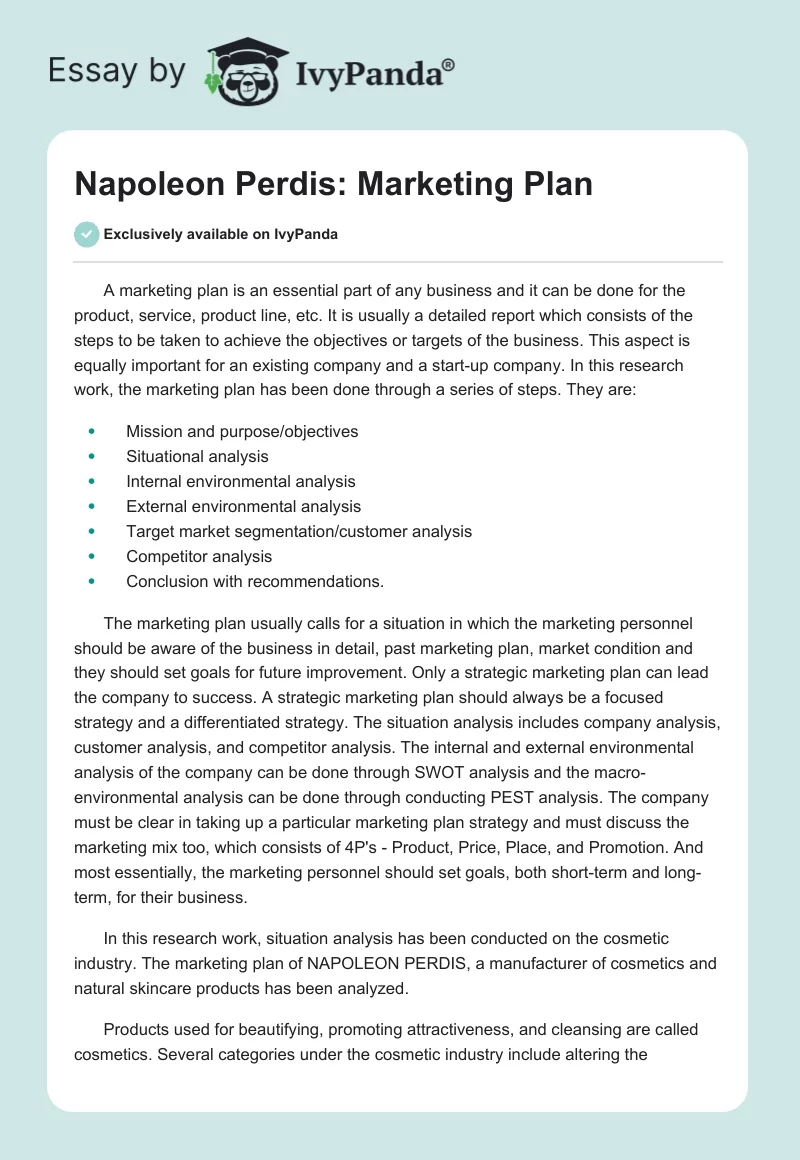 Napoleon Perdis: Marketing Plan. Page 1